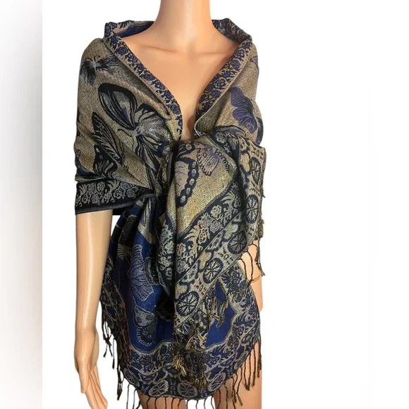 SAKKAS LIUA LONG WIDE WOVEN PATTERNED DESING MULTI COLORED PASHMINA SHAWL/Scarf - Picture 1 of 6